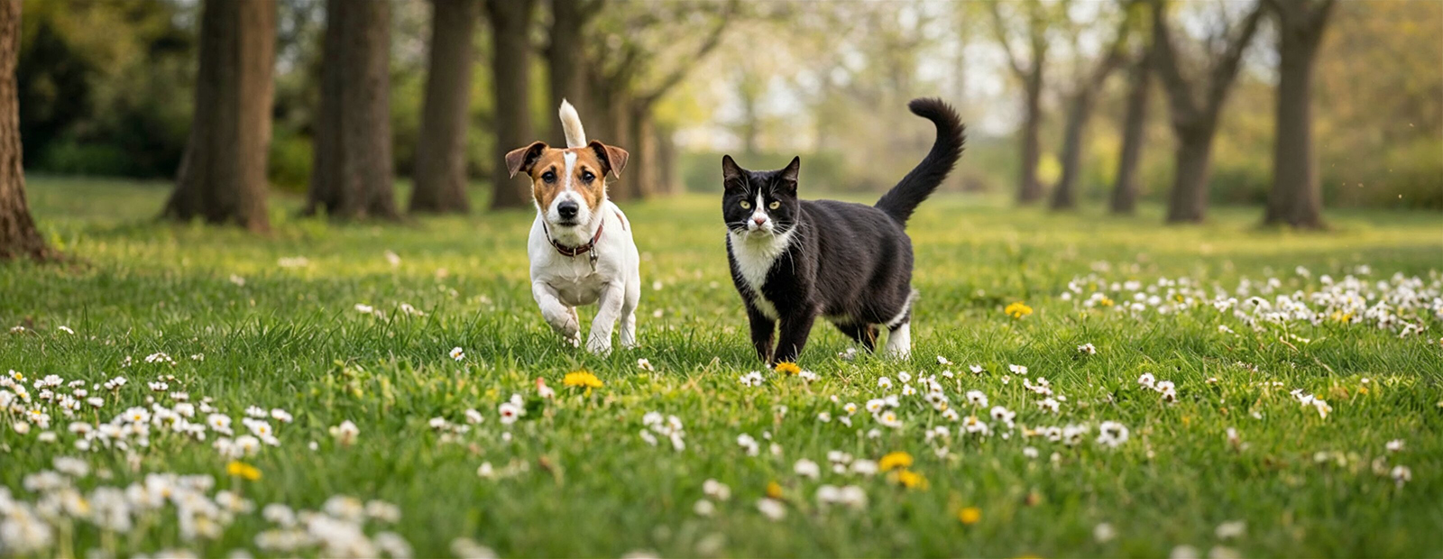 Dog and cat run together through trees in a meadow with flowers. 