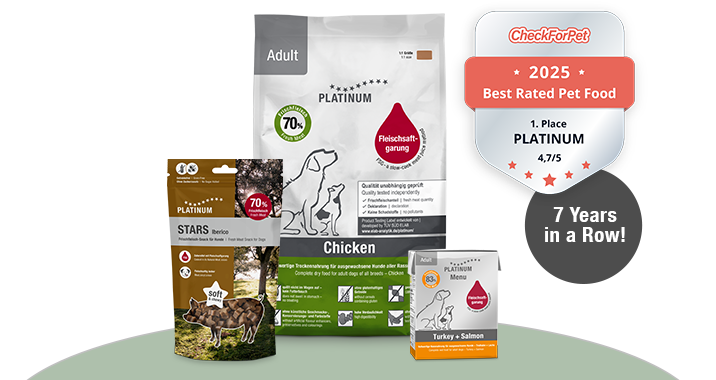 Assortment of dry food, wet food and treats for dogs from PLATINUM and CheckForPet award